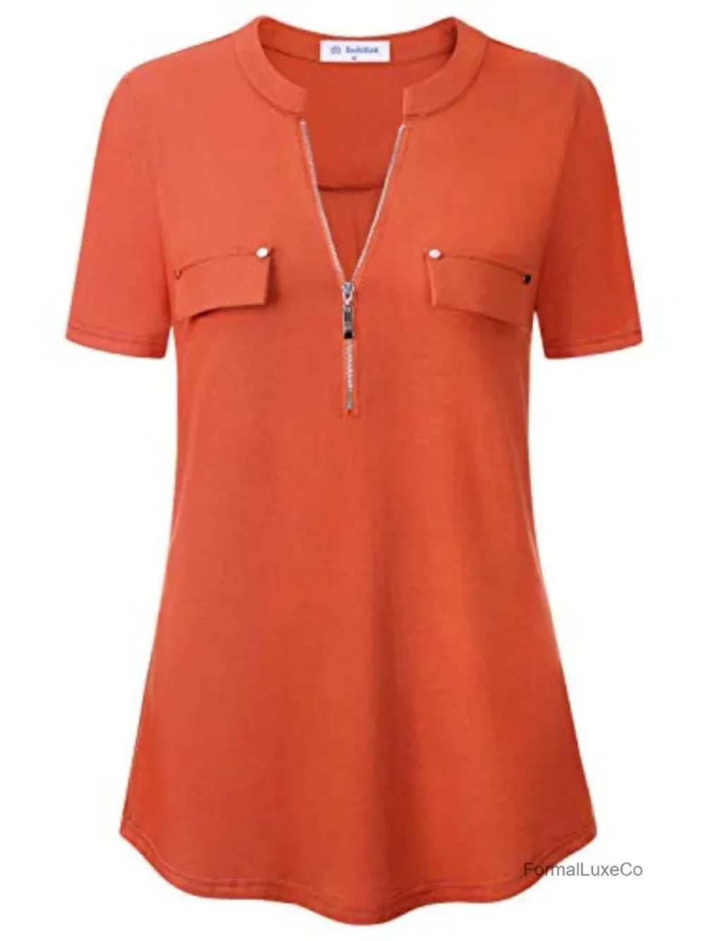 Women's Zip Front V-Neck Short Sleeve Tunic Blouse with Pockets - Stretchable
